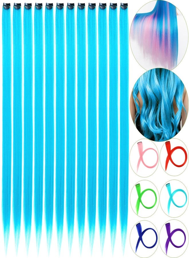 CLOEWCL 12 PCS Blue Hair Extensions Clip in, 22" Colored Highlights, Synthetic Straight Hair Piece DIY Accessories for Daily Party (LightBlue) - Image 1